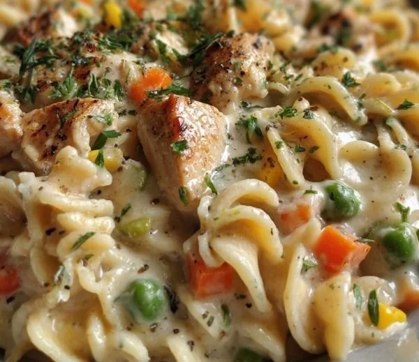 Creamy chicken pot pie pasta served in a bowl with fresh herbs