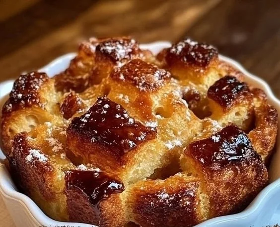Creamy croissant bread pudding with rich custard and golden crust