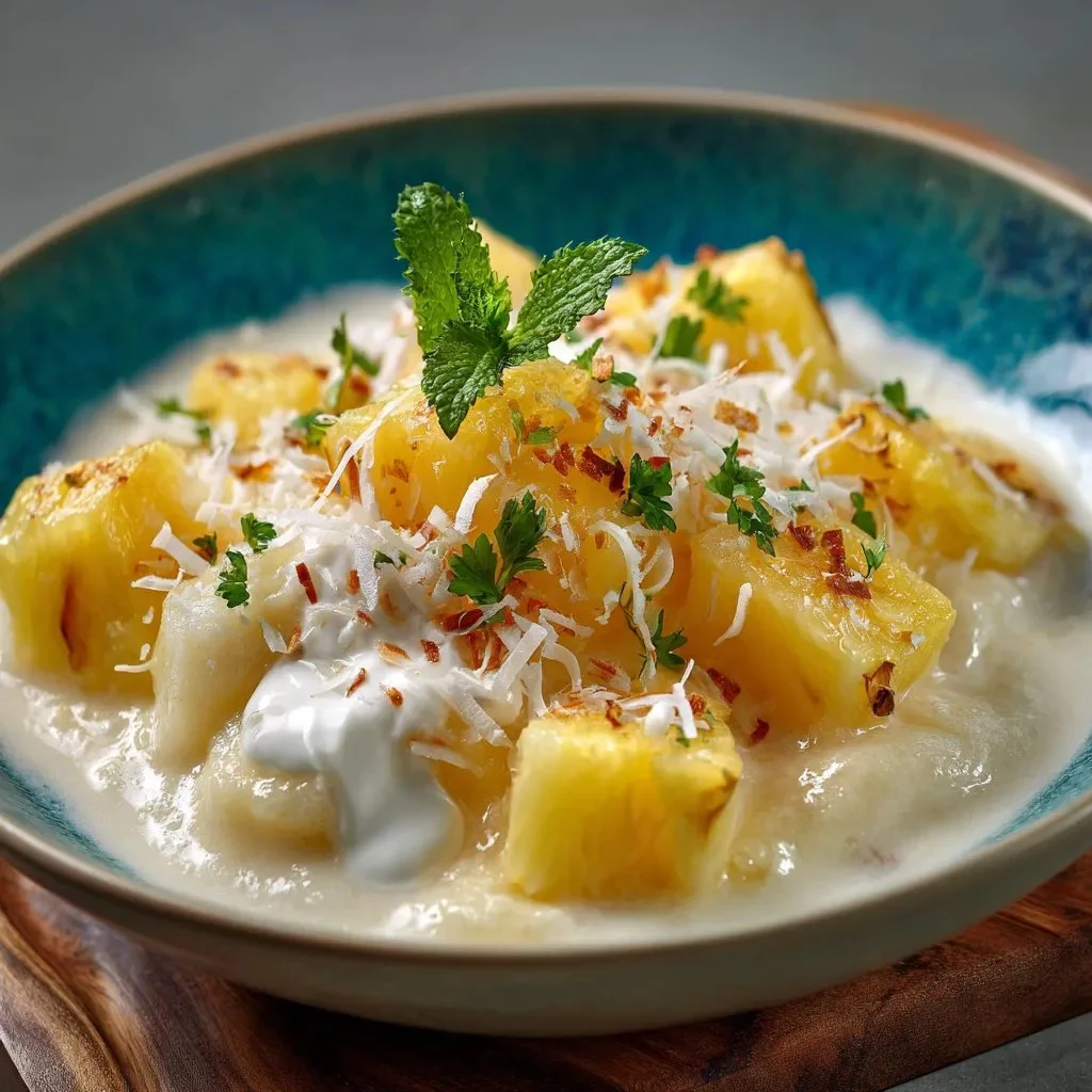 Refreshing creamy frozen tropical pina colada in a glass with a pineapple slice
