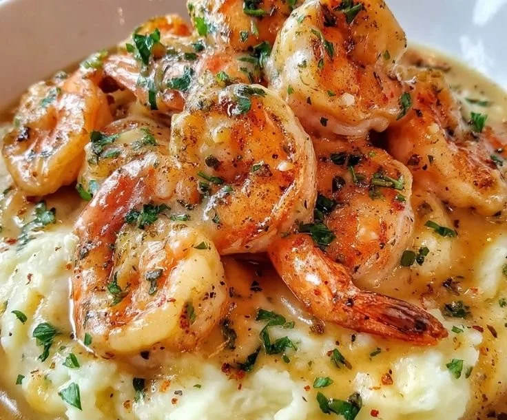 Creamy garlic shrimp served over fluffy mashed potatoes