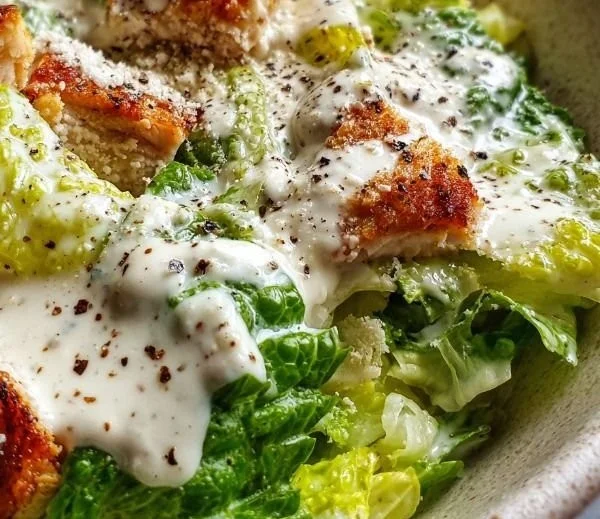 Creamy Greek yogurt Caesar dressing in a bowl with fresh ingredients