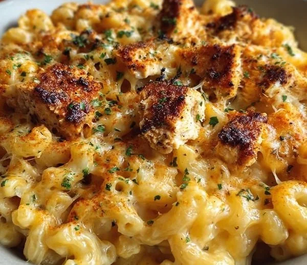 Creamy Honey Pepper Chicken Mac and Cheese topped with herbs and spices