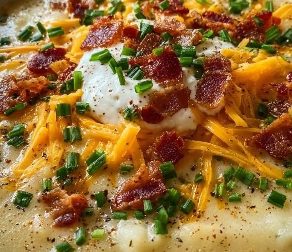 Bowl of creamy loaded baked potato soup topped with chives and bacon