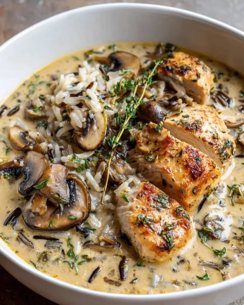 Creamy mushroom chicken soup with wild rice in a bowl, garnished with herbs.