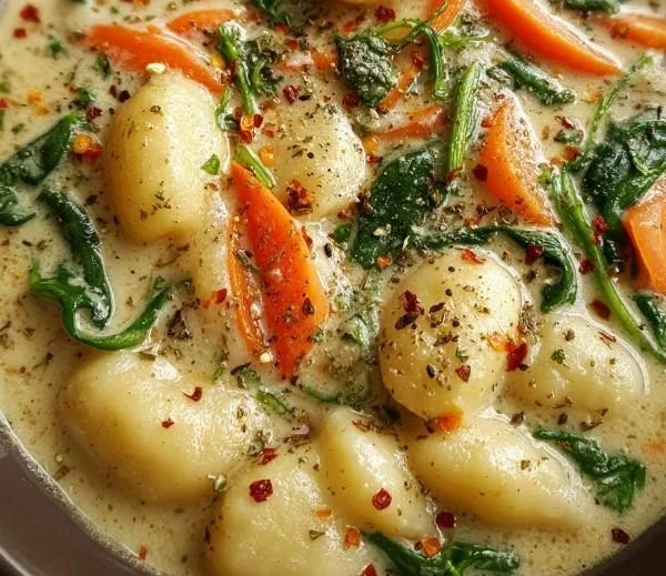 Bowl of creamy vegetarian gnocchi soup with fresh herbs and vegetables