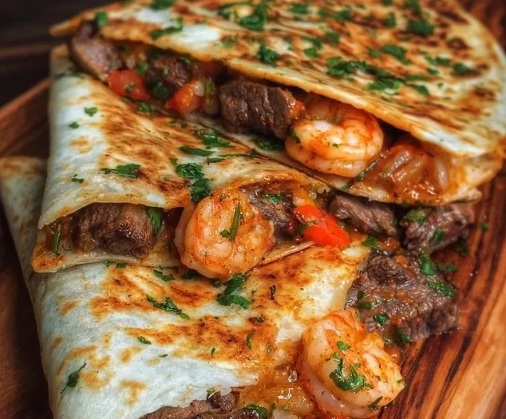 Delicious Creole Steak and Shrimp Quesadillas served on a plate