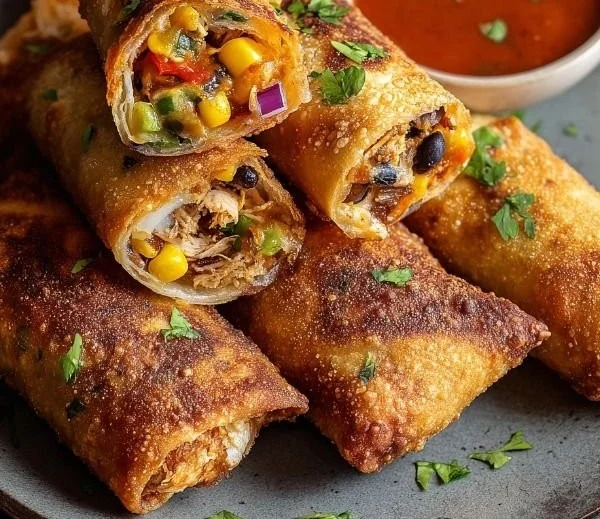 Crispy baked Southwest Chicken Eggrolls served with spicy dipping sauce.