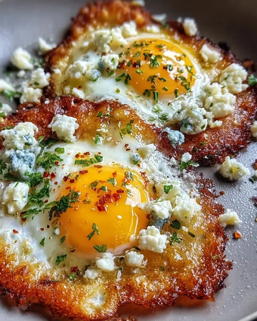 Crispy Feta Fried Eggs served on a plate with garnish