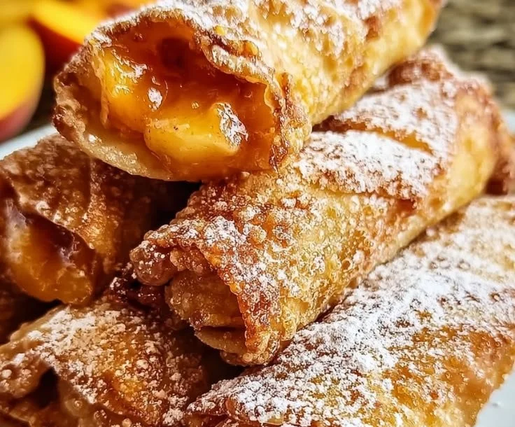 Crispy peach cobbler egg rolls served on a plate with fresh peaches