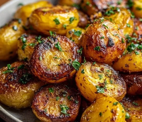 Crispy roasted mustard potatoes served on a plate