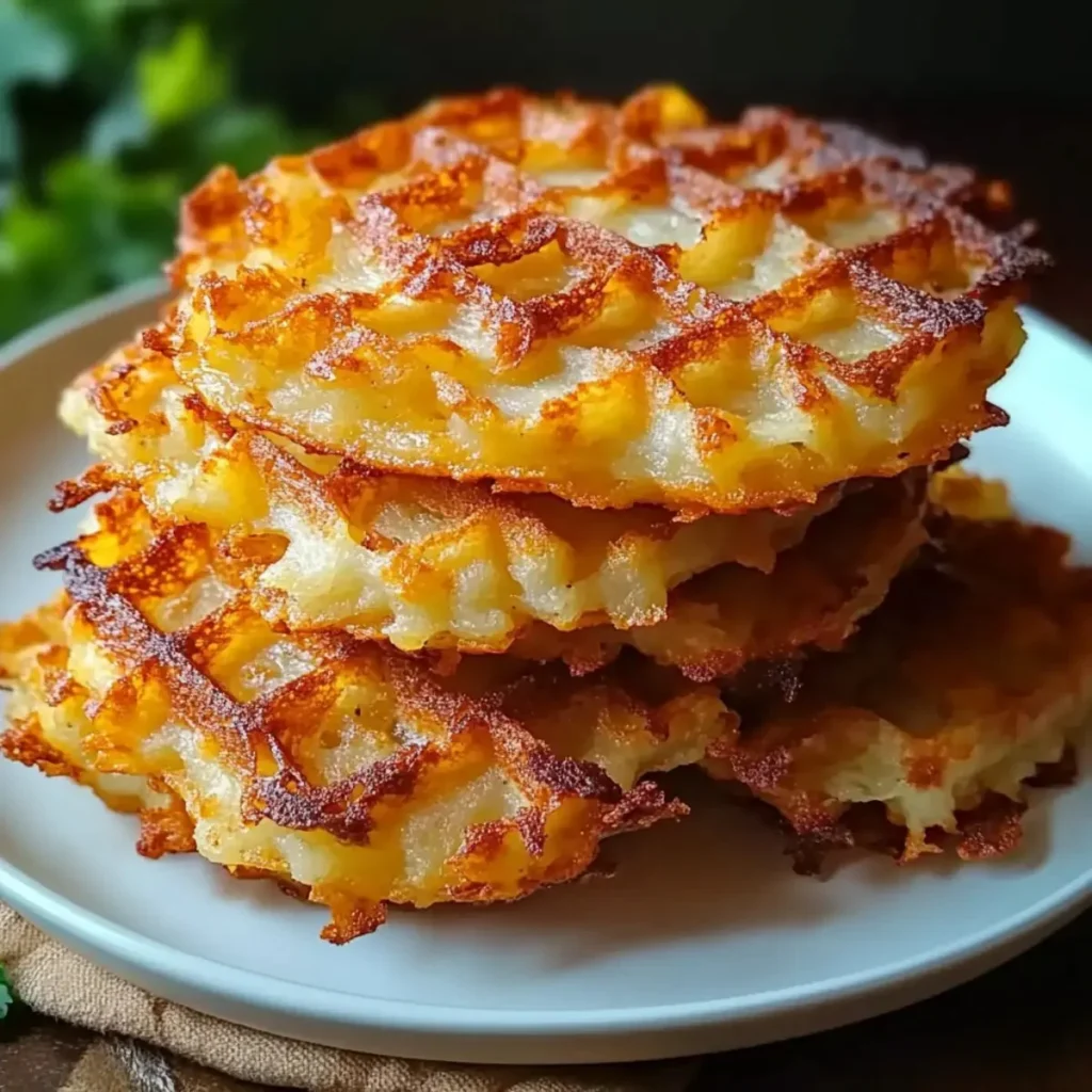 Crispy waffle maker hash browns served on a plate, delicious and golden brown.