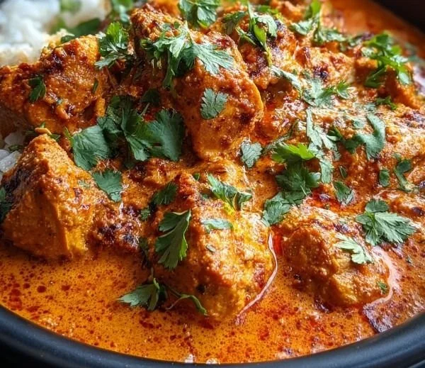 Delicious Crockpot Butter Chicken served with rice and naan