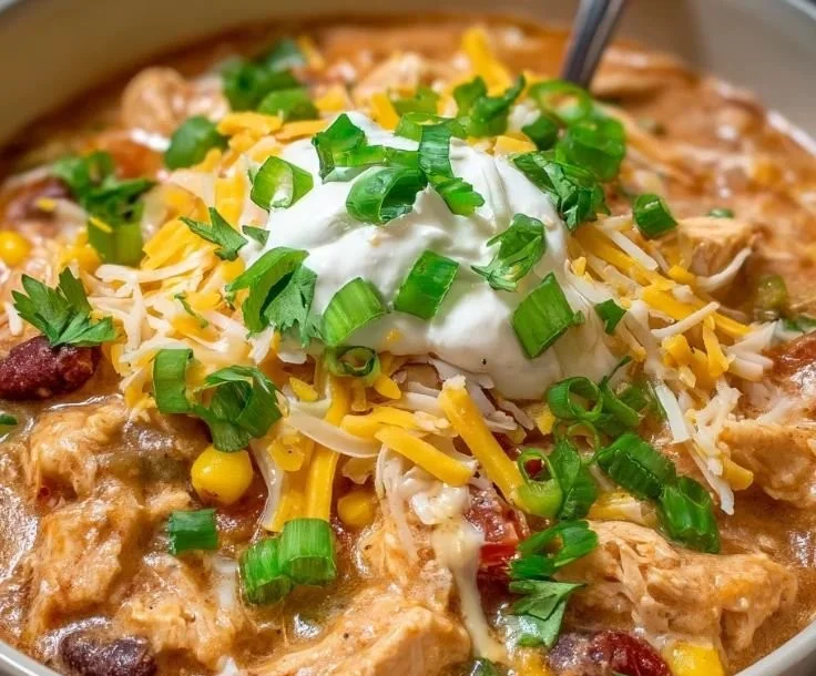 Crockpot Cream Cheese Chicken Chili served in a bowl with toppings.