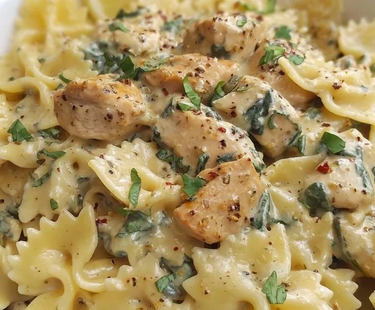 Dairy free chicken alfredo served in a bowl with fresh herbs