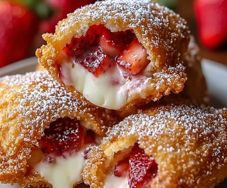 Delicious deep-fried strawberry cheesecake pies on a plate