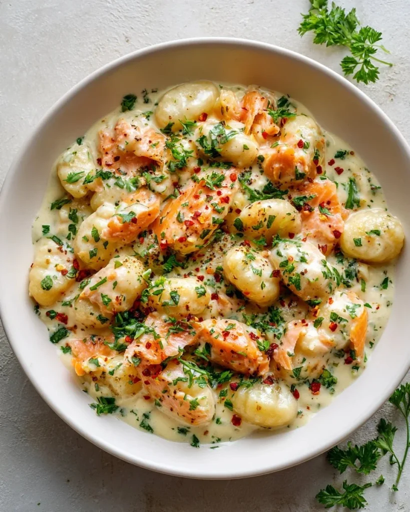 Plate of delicious smoked salmon gnocchi topped with fresh herbs