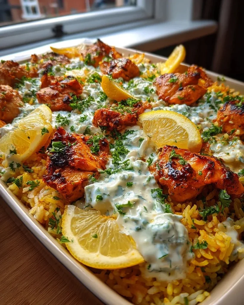 Delicious dump and bake chicken tzatziki rice served in a bowl