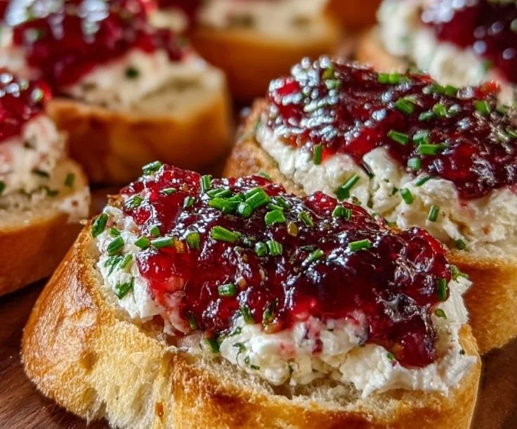 Bruschetta with cream cheese and cranberry pepper jelly on rustic wooden board
