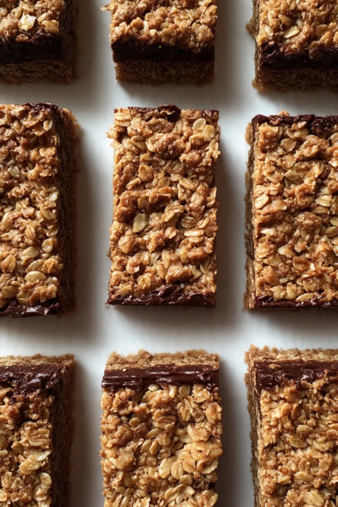 Fudgy oatmeal bars with chocolate and nuts on a wooden table