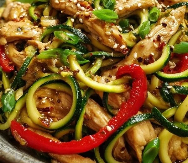 Garlic Chicken Zucchini Noodles Stir Fry in a colorful bowl.