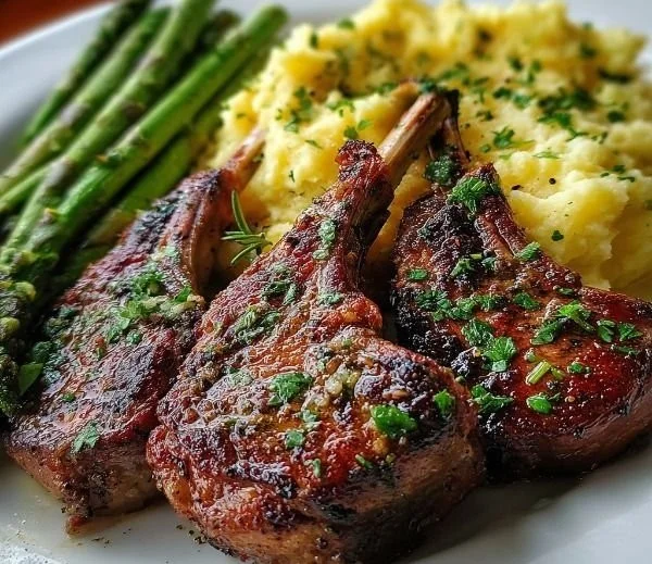 Garlic herb lamb chops with cheddar mashed potatoes and asparagus on a plate