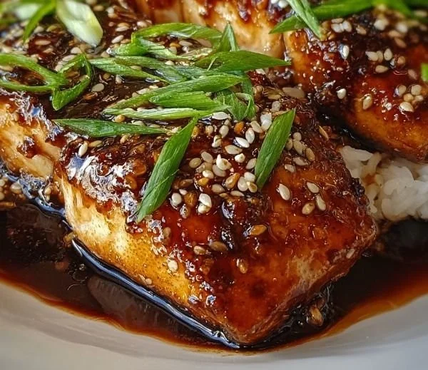 Ginger Soy-Glazed Cod on a plate garnished with herbs and lemon slices.