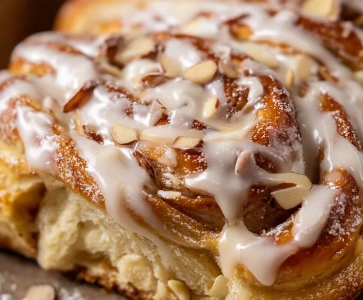 Gooey almond croissant cinnamon rolls with a drizzle of icing