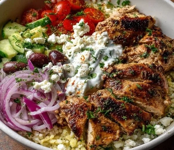 A vibrant Greek Chicken Gyro Bowl with fresh ingredients and herbs