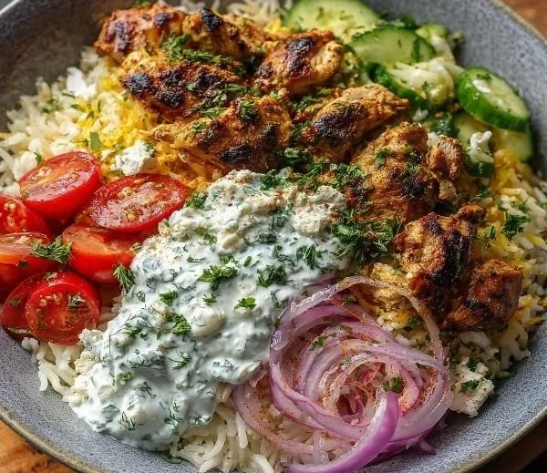 Delicious Greek chicken rice bowl with creamy tzatziki sauce and fresh vegetables.