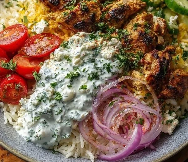 Greek Chicken Rice Bowl topped with creamy tzatziki sauce