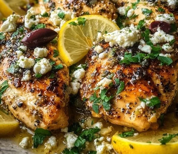 Plate of Greek Chicken with Lemon and Feta garnished with herbs