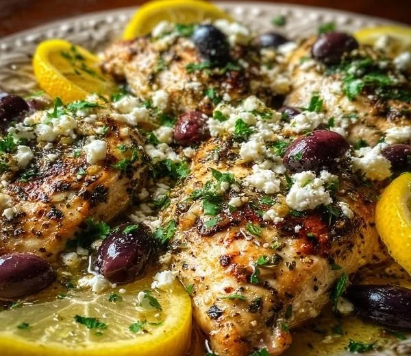 Greek Chicken with Lemon and Feta served with fresh herbs