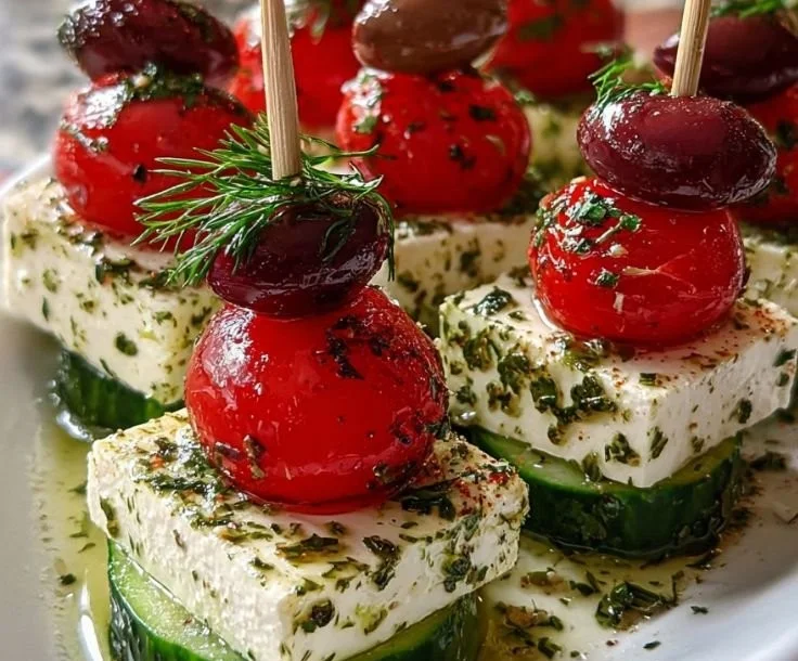 Delicious Greek Feta and cucumber skewers appetizer