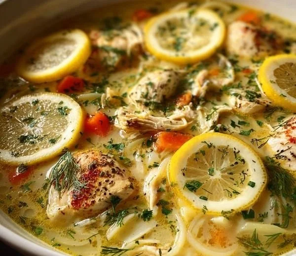 Bowl of Greek lemon chicken soup with fresh herbs and lemon slices