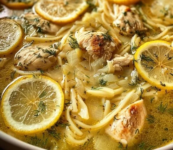 Bowl of Greek Lemon Chicken Soup with fresh herbs and lemon slices.