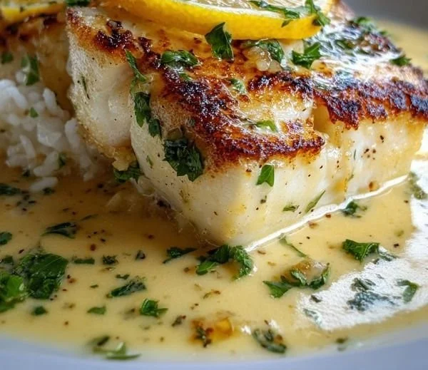 Plate of halibut with zesty lemon beurre blanc sauce garnished with herbs