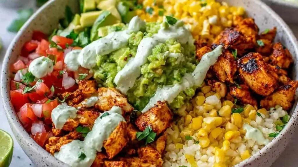 Healthy chicken taco bowls with fresh ingredients and vibrant toppings