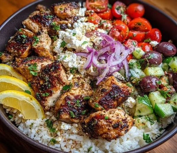 Healthy Greek Chicken Bowl with grilled chicken, vegetables, and feta cheese