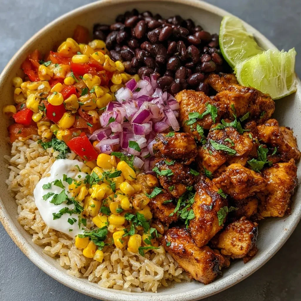Healthy high protein corn chicken rice bowls with fresh ingredients