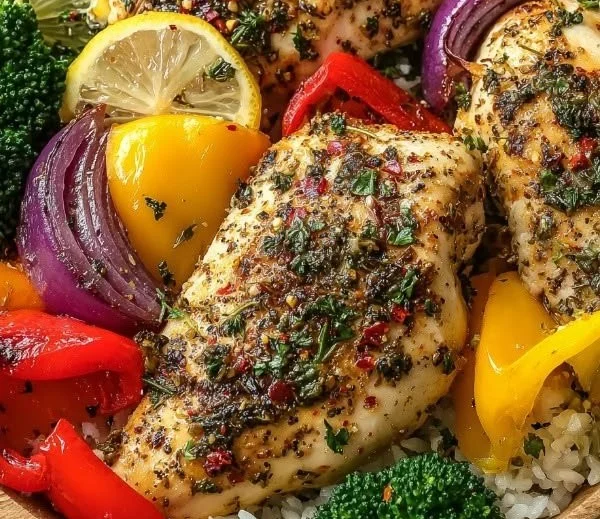 Healthy lemon garlic chicken meal prep bowl with vegetables and grains