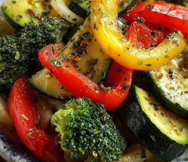 Colorful assortment of healthy sautéed vegetables in a skillet