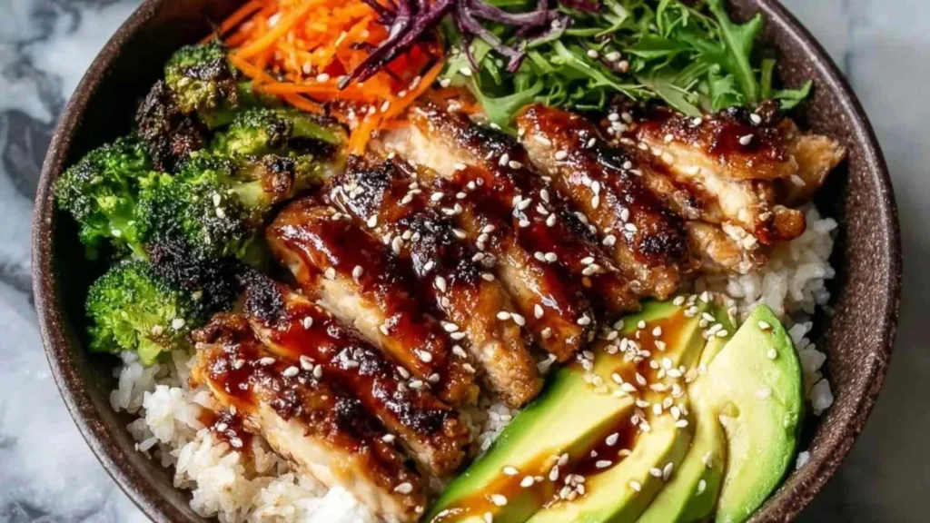 Healthy sticky chicken bowls with vibrant vegetables and grains