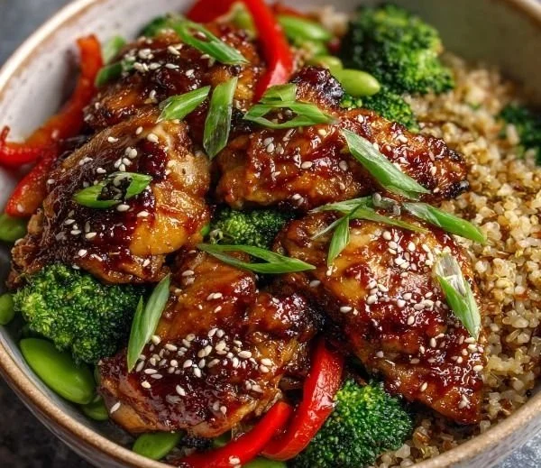 Healthy sticky chicken bowls with colorful vegetables and savory sauce