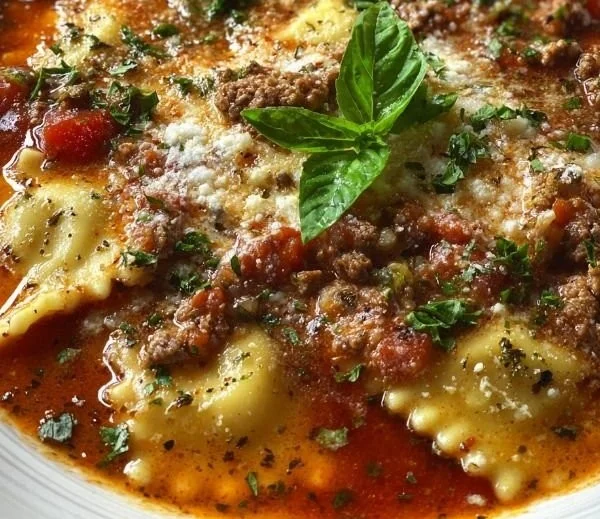 Bowl of hearty cheesy Italian lasagna soup topped with herbs