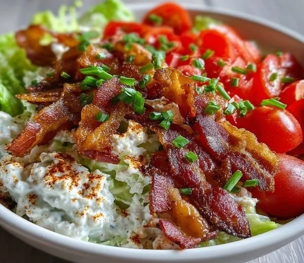High Protein BLT Cottage Cheese Bowl with bacon, lettuce, and tomatoes