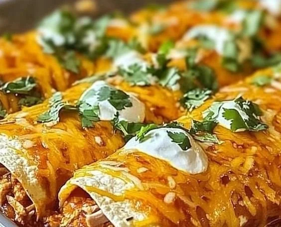 High protein chicken enchiladas topped with cheese and fresh herbs.