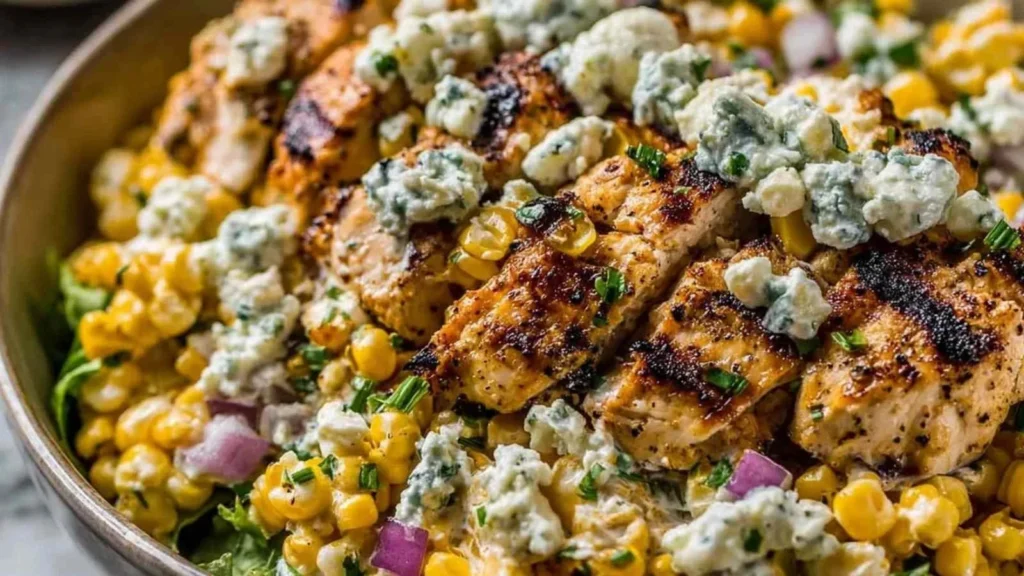 High Protein Chicken Street Corn Salad served in a bowl with fresh ingredients