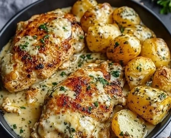 High Protein Creamy Garlic Cheesy Chicken & Potatoes delicious dish