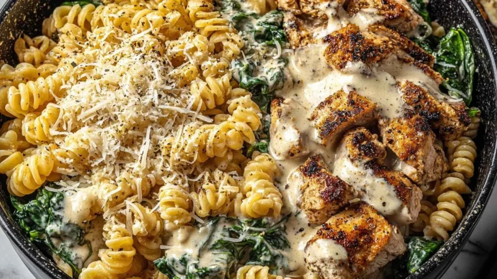 High protein garlic parmesan pasta bowls with fresh herbs and grated cheese