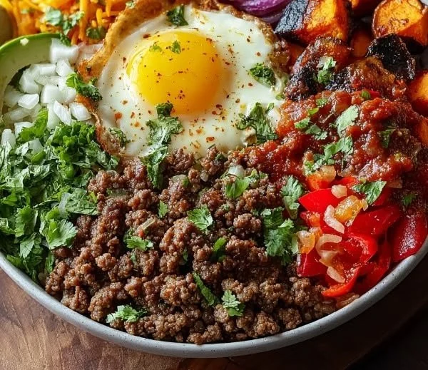 High protein ground beef power bowl loaded with vegetables and grains.